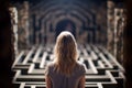 Woman lost in labyrinth. Troubled woman finding way out, Confused mind, problem of searching the way, thinking, finding the maze Royalty Free Stock Photo