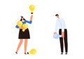 Woman with a lot of ideas and a man who doesn`t have them. The concept of the emergence of business ideas in different