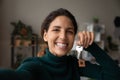 Woman lottery winner shoot selfie with keys of new flat Royalty Free Stock Photo