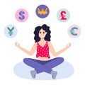 Woman in lotus pose with coins of currency of different countries. Concept of trading, investing, earn money online