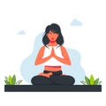 woman in lotus position and meditating in nature and leaves.Concept illustration for yoga, meditation, relax, recreation