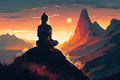 Woman in lotus position on top of the mountain. Trains yoga at sunrise, sunset. Ai generative Royalty Free Stock Photo