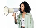 Woman, loudspeaker and angry protest in studio with shouting, noise and politics by white background. Isolated African