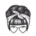 Woman love face with vintage hairband bun hairstyles and heart sunglass vector line art illustration