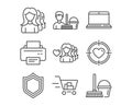 Woman love, Notebook and Printer icons. Shopping cart, Cleaning service and Valentine target signs.