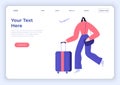 Woman with luggage, bag, running around the airport. Cartoon traveller female character, flying plane. Landing page template