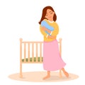 Woman lulling newborn baby next to crib. Vector illustration.
