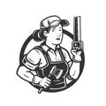 Woman lumberjack mascot hold the axe and saw