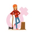 Woman lumberjack in workwear and hard hat standing near stump with axe, female taking on traditional male role colorful