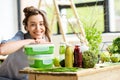 Woman with lunch boxes Royalty Free Stock Photo