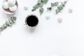 Woman lunch with marsh-mallow, coffee and flowers soft light on white table background flat lay mock up