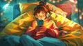 Woman lying in bed reading newsfeed on internet during bedtime, chatting with friends in social networks, using a phone