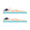 Woman Lying in Correct and Incorrect Sleeping Pose for Neck and Spine Vector Set