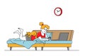 Woman Lying on Couch at Home with Smartphone and Laptop with Cat Sleep on her Back. Female Character Lazy Weekend Relax