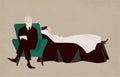 Woman lying on couch and Sigmund Freud sitting in armchair beside her and asking questions. Dialogue between patient and