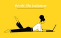 A woman is lying on the floor with a laptop and is working, studying. Bright yellow background. Linear style