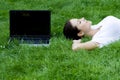Woman Lying On Grass With Laptop