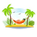 A woman is lying in a hammock. The girl is resting and drinking a martini. Vector illustration