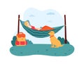 Woman lying in hammock, pet sitting near female character. Girl having rest and drinking cup of hot tea