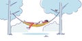 Woman lying in hammock between trees in park or garden. Cartoon female relaxing sleep outdoors