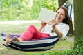 Woman Lying In Hammock Using Digital Tablet Royalty Free Stock Photo