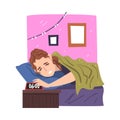 Woman Lying on her Bed Being Woken Up by Alarm Clock, Businesswoman or Office Employee Daily Routine Cartoon Style