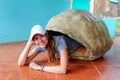 Woman lying inside empty Galapagos giant tortoise shell at the s Royalty Free Stock Photo