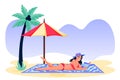 Woman lying on sand and reading book. Young girl in red bikini on beach. Vector flat cartoon character illustration Royalty Free Stock Photo