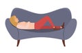 Woman lying on the sofa. Happy smile girl relaxing. Relax on couch and dream. Mother resting