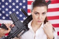 Woman with machine gun threatening