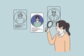 Woman use magnifier lens choose candidates for work position