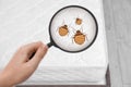 Woman with magnifying glass detecting bed bugs on mattress , top view Royalty Free Stock Photo