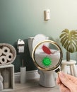 Woman with magnifying glass detecting microbes on toilet bowl in bathroom