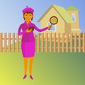 Woman with magnifying glass looking for a house