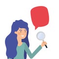 Woman with magnifying glass and speech bubble Royalty Free Stock Photo