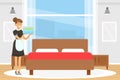 Woman Maid as Hotel Staff in Apron Bringing Clean Laundry in the Room Vector Illustration