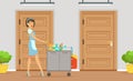 Woman Maid as Hotel Staff in Apron Pushing Cart with Detergents Vector Illustration