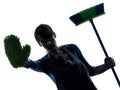 Woman maid housework brooming stop gesture silhouette