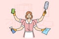 Woman maid is ready to clean apartment, working in multitasking mode thanks to presence four hands