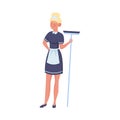 Woman maid standing and holding cleaning brush vector illustration