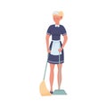 Woman maid standing and sweeping floor vector illustration