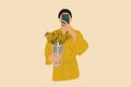 Woman make a selfie in bathrobe holding vase with flowers Royalty Free Stock Photo