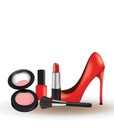 Woman make up set with red high heel shoe Royalty Free Stock Photo