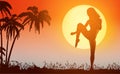 Woman makes kung fu exercise on the tropical palm beach. Sunset. Vector image