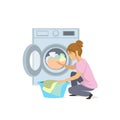 Woman makes laundry, puts clothes into washing maching isolated graphic