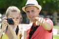 woman makes photos outdoor with boyfriend Royalty Free Stock Photo