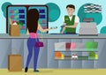 Woman is shopping at a supermarket, produces a wireless payment by smartphone. Vektor illustration.