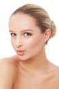 Woman, makeup and beauty with portrait, pout and model for skin, cosmetics on white background. Topless, beautiful and