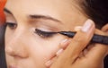 Woman, makeup and eyeliner with mascara for beauty, cosmetics or art at salon or spa. Closeup of female person or