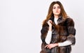 Woman makeup and hairstyle posing mink or sable fur coat. Winter elite luxury clothes. Female brown fur coat. Fur store Royalty Free Stock Photo